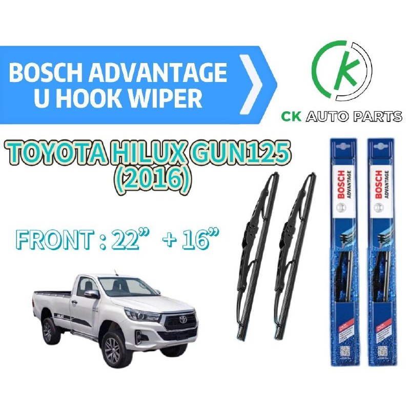 BOSCH ADVANTAGE U HOOK WIPER SET สําหรับ TOYOTA HILUX GUN125 (22"+16")