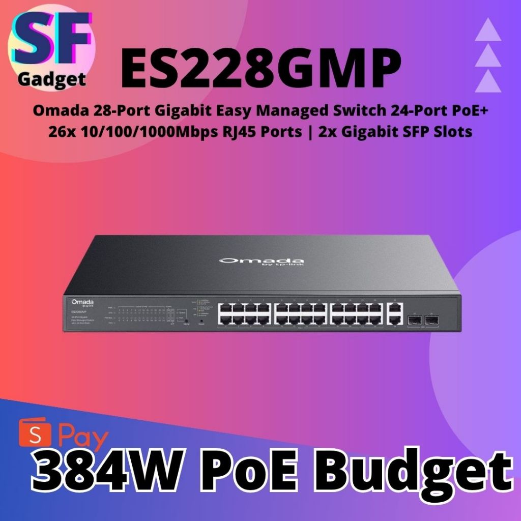 TP-LINK ES228GMP 384W PoE Omada 28-Port Gigabit Easy Managed Switch 24-Port PoE+ 26x1000Mbps RJ45 พอ