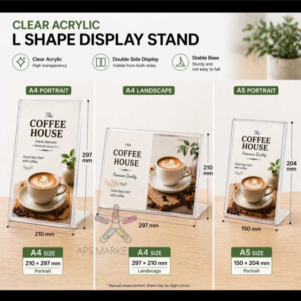 A4 & A5 อะคริลิค L Shape Display Stand Sign Holder (Portrait & Landscape)