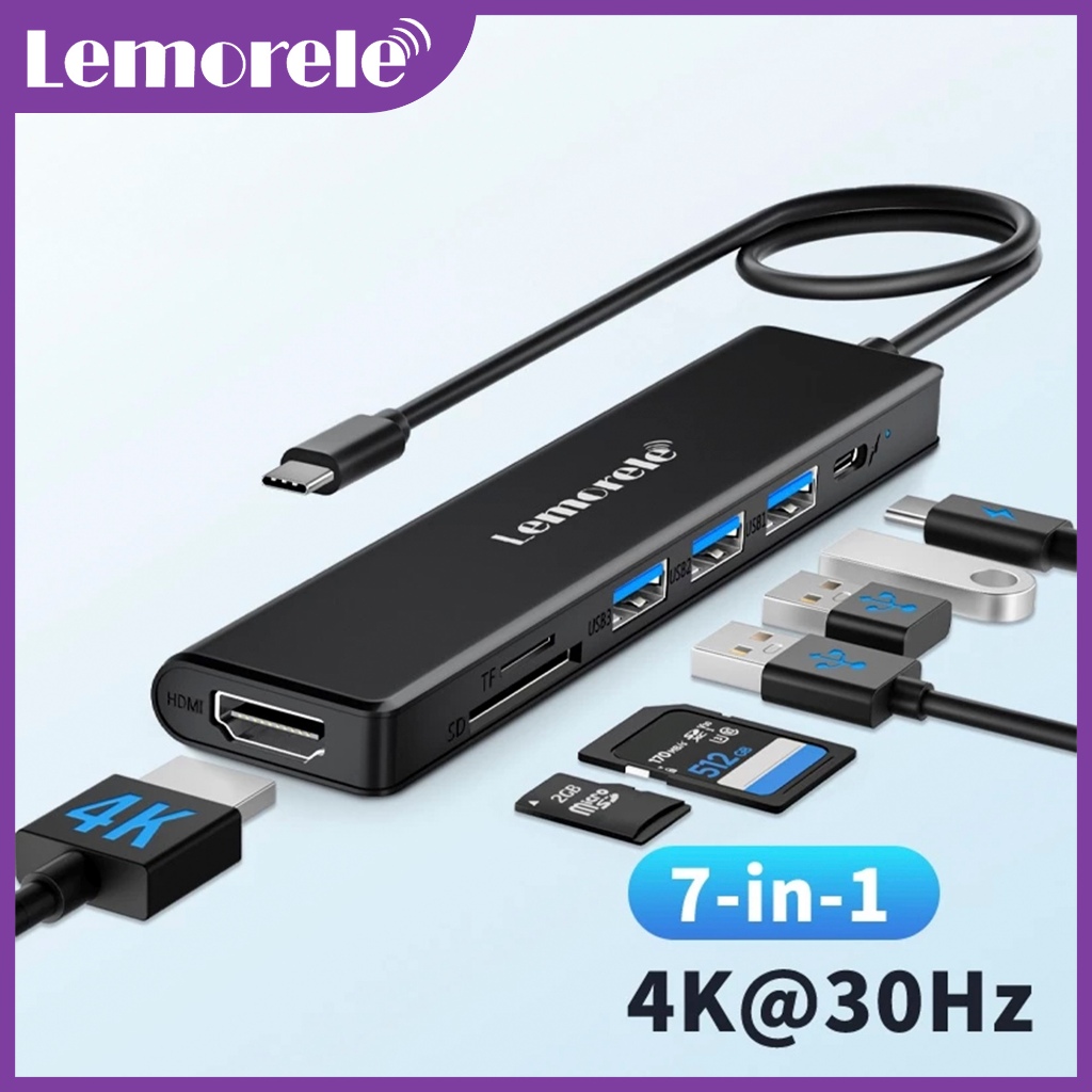 Lemorele TC70 7 in 1 USB C Hub อลูมิเนียมหลายพอร์ตอะแดปเตอร์ 4K HDMI USB 3.0 USB 2.0 SD TF 100W PD