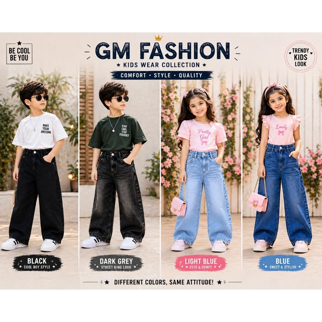 KIDs Denim Baggy 2y-12y กางเกงยีนส์ขากว้างแบบ unisex ผ้ายีนส์ลําลอง 2y-12y