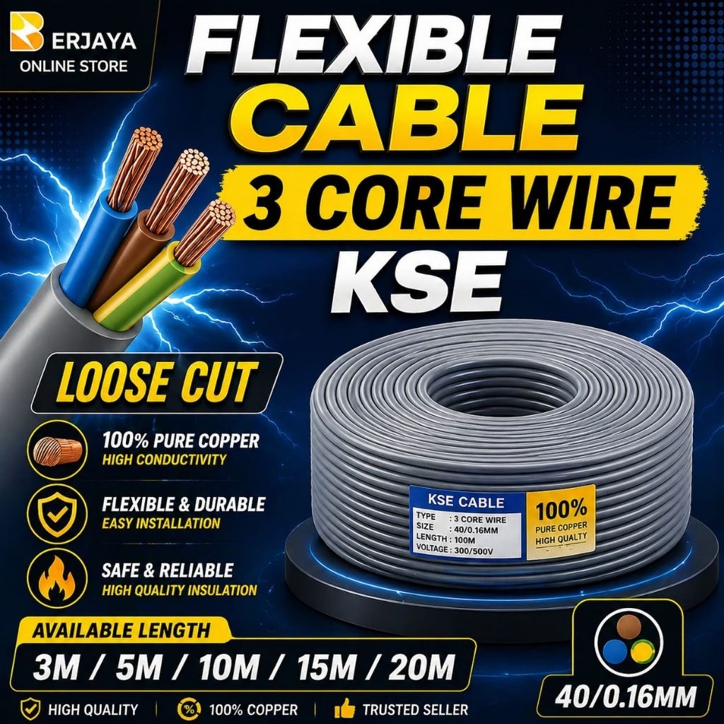 [ตัดหลวม] 3 CORE FLEXIBLE CABLE 40/0.16MM FLEXIBLE WIRE/3CORE x 40/0.16MM WAYAR CABLE 3M/5M/10M/15M/