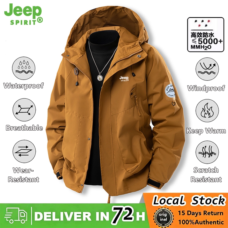 JEEP SPIRIT เสื้อแจ็คเก็ตกันน้ําสําหรับผู้ชายและผู้หญิงเสื้อแจ็คเก็ตมีฮู้ดกันลม