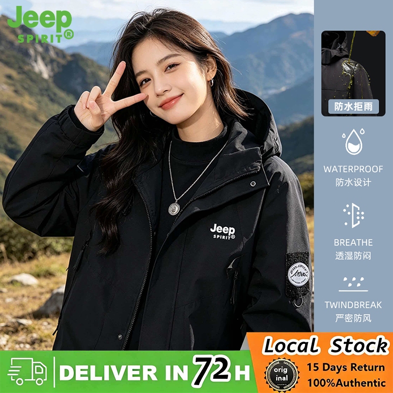 JEEP SPIRIT เสื้อแจ็คเก็ตผู้หญิงกันลมและกันน้ําเสื้อแจ็คเก็ตเดินป่ากลางแจ้งสีดํา