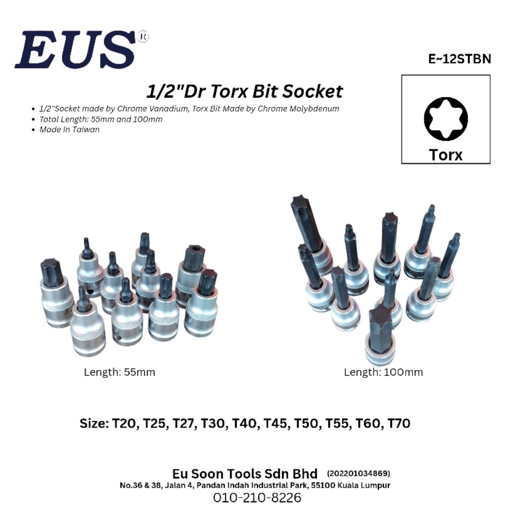[EUS] ซ็อกเก็ต Torx Bit ขนาด 1/2" CR-V CR-MO 55mmL 100ml