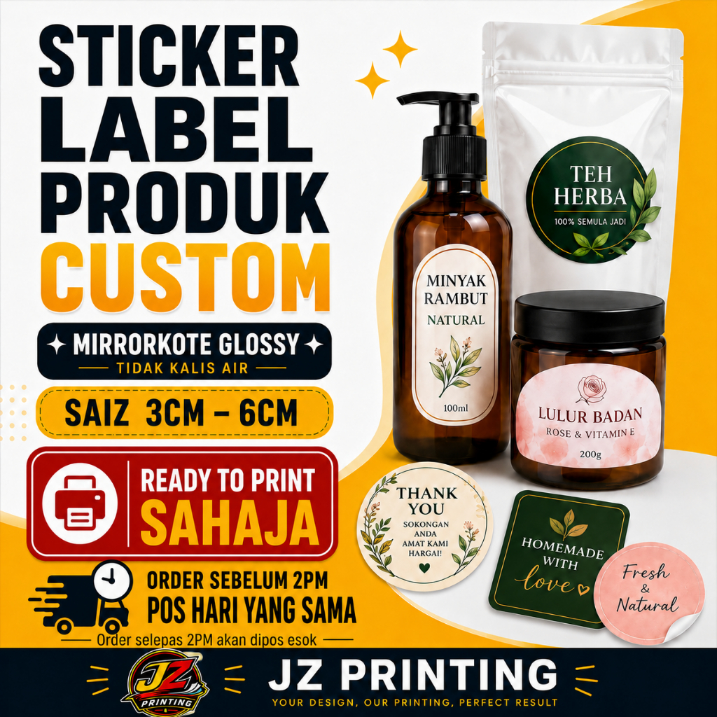 สติ๊กเกอร์ Produk Custom Mirrorkote Glossy • Label Printing 3–6cm • Express Printing•sebelum Order