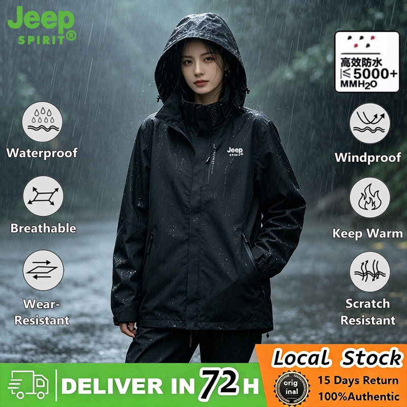 JEEP SPIRIT Windproof กันน้ําสําหรับผู้หญิงเสื้อแจ็คเก็ตเดินป่ากีฬากลางแจ้งมัลติฟังก์ชั่นสีดํา