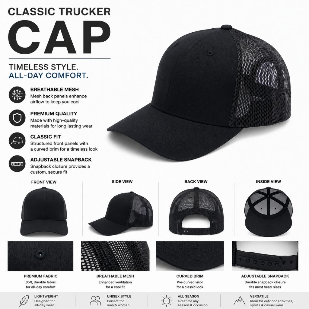 คลาสสิกสีดํา Trucker Cap Unisex Breathable เบสบอล Trucker Cap