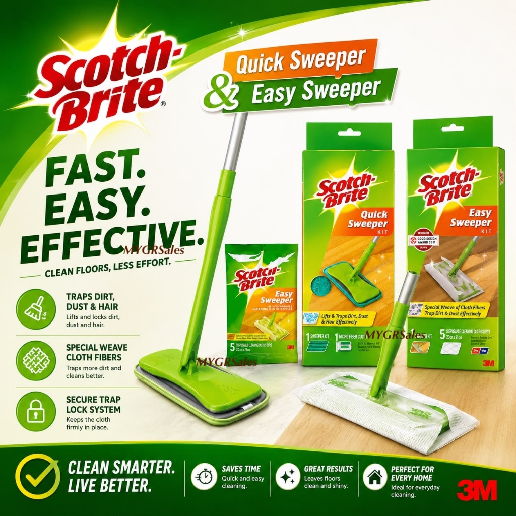 3M Scotch Brite Quick Sweeper Micro Fiber Flat Mop / Easy Sweeper Kit & Refill