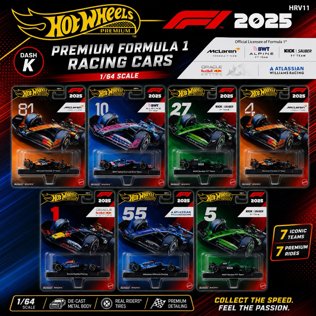 (1PCS) HOT WHEELS PREMIUM F1 2025 1/64 HRV11 PREMIUM FORMULA 1 RACING CARS DASH K
