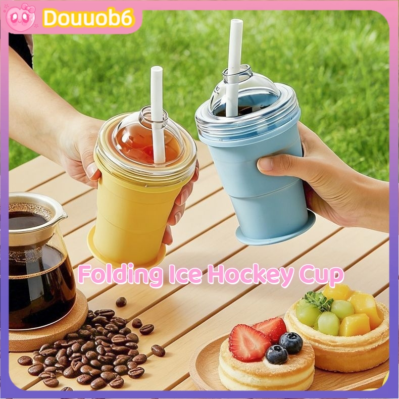 2-in-1 เครื่องทําน้ําแข็งซิลิโคนพับได้ถ้วยดื่ม Build-in Straw Leakproof ถ้วยเดินทางแบบพกพา