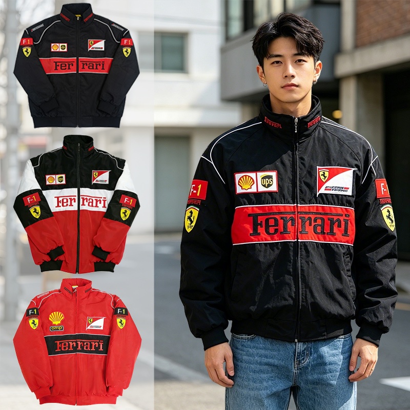 F1 Ferrari Racing เย็บปักถักร้อย Retro แขนยาว Windbreaker ผู้ชาย Bomber Jacket พร้อมซิป