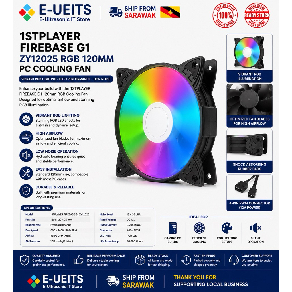 1STPLAYER FIREBASE G1 ZY12025 RGB 120MM PC COOLING FAN.