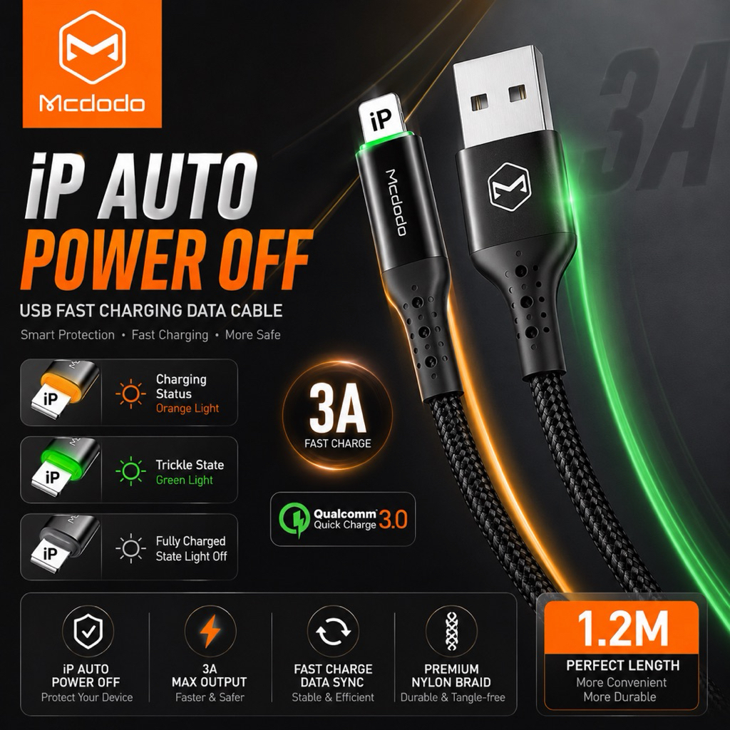Mcdodo CA741 ปิดอัตโนมัติ 3A Fast Charging Data CABLE QC 3.0 LED ตัวบ่งชี้ USB to iP 1.2M ไนลอนสายถั