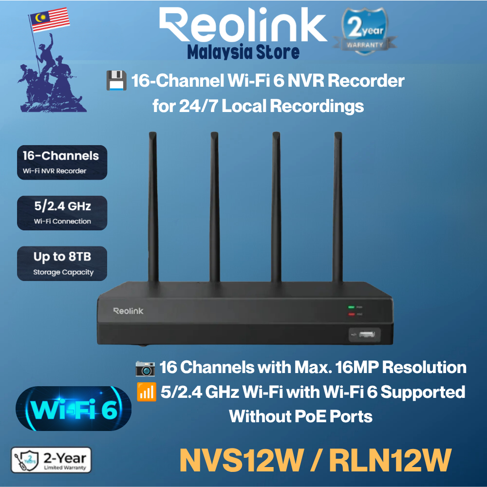 Reolink NVS12W / RLN12W 4K 12CH WiFi NVR Recorder พร้อม Wi-Fi 6 และ 2.4/5 GHz ไม่ใช่พอร์ต PoE รองรับ