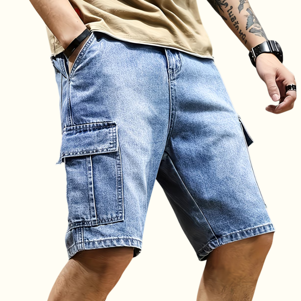 กางเกงขาสั้นผู้ชาย Premium Denim Cargo 6p Seluar Pendek Denim Jeans Lelaki 6 Poket Jorts Streetwear 