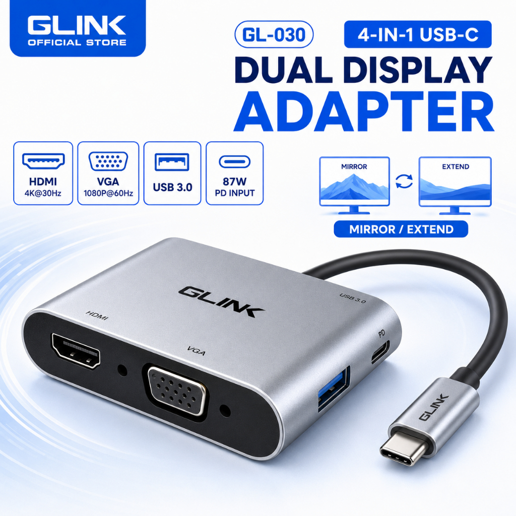 GLINK(GL-030)-4 IN 1 TYPE-C TO DUAL DISPLAY VGA+HDMI EXTEND & MIRROR พร้อม USB 3.0/PD TPYE-C 87W