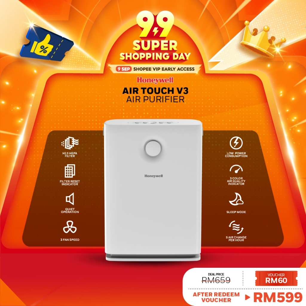 Honeywell Air Touch V3 เครื่องฟอกอากาศสําหรับผ้าคลุมบ้าน 46m2 -HC000019/AP/V3/UK
