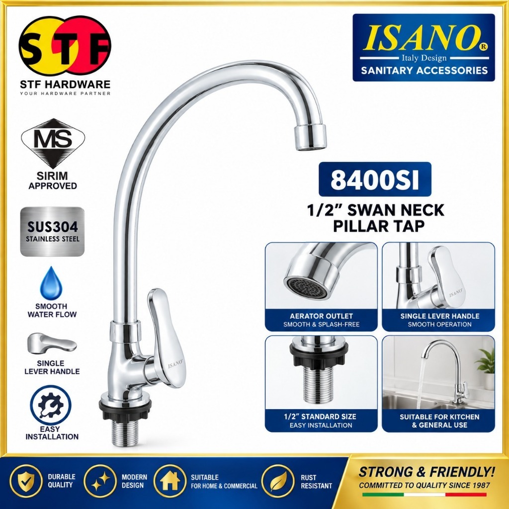 ISANO8400SI 1/2 "หงส์คอเสาแตะอ่างล้างจานก๊อกน้ํา Kepala Paip Sinki Dapur