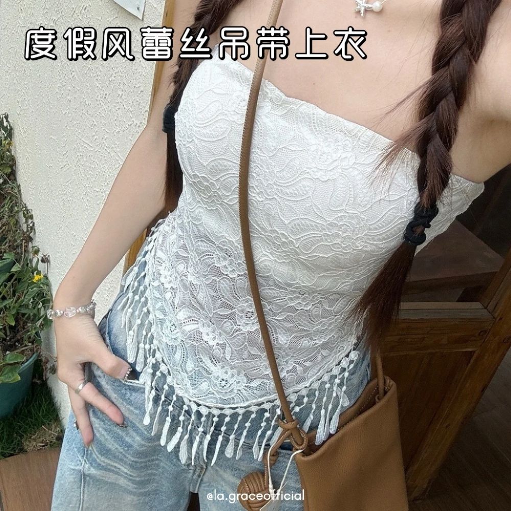 LA.GRACE OFFICIALVacation Lace Camisole Top 泰国 Ored风 Tops ผู้หญิงแขนกุด Crop Tank สไตล์ชุดวันหยุด