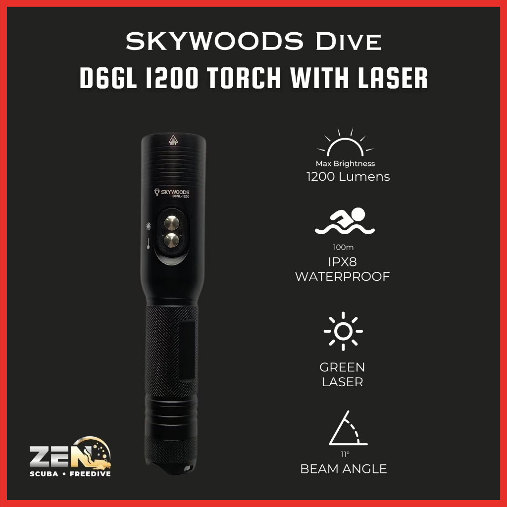 ZEN SCUBA SKYWOODS D6GL 1200 Lumens ไฟฉายดําน้ําพร้อมเลเซอร์ดําน้ําไฟฉายใต้น้ํา