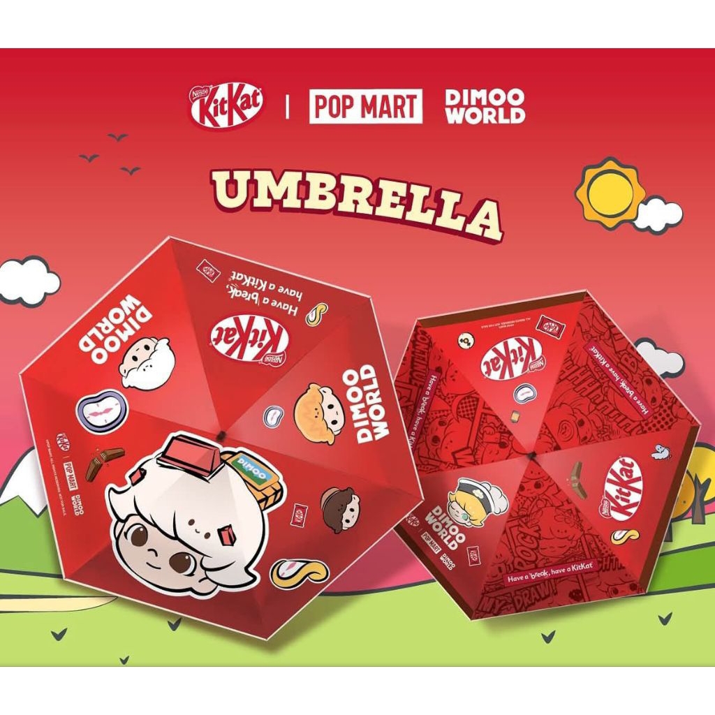 สุ่มผู้ประกาศ Pop mart payung Limited Edition Dimoo x Kitkat Umbrella Dimoo x ร่ม Kitkat Dimoo联 Catk
