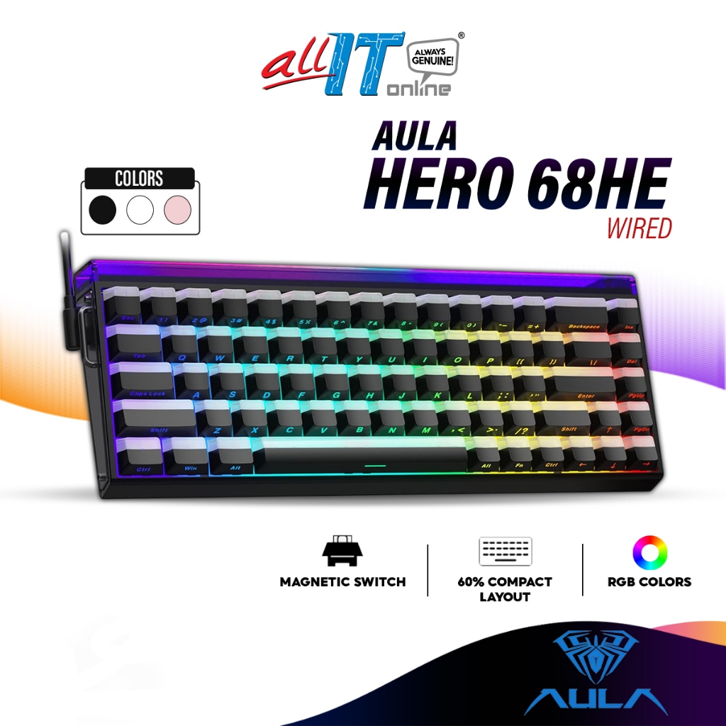 AULA HERO 68HE Magnetic Switch คีย์บอร์ดเกมแบบมีสายพร้อมทริกเกอร์อย่างรวดเร็ว, Hot-Swappable, อัตราส