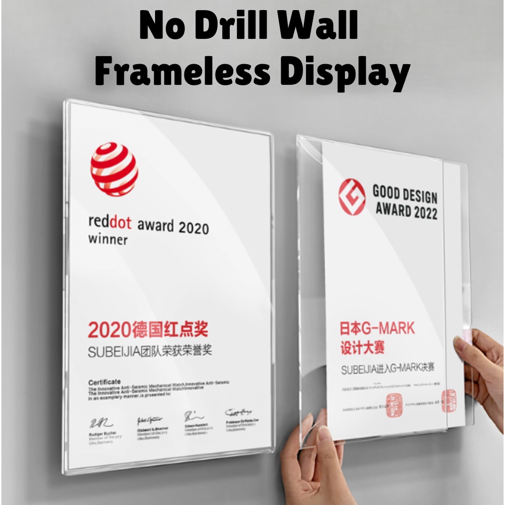 จอแสดงผลติดผนังแบบไม่ต้องเจาะ A5 A4 A3 กรอบอะคริลิคติดผนัง/กรอบใบรับรองโฆษณาโปสเตอร์