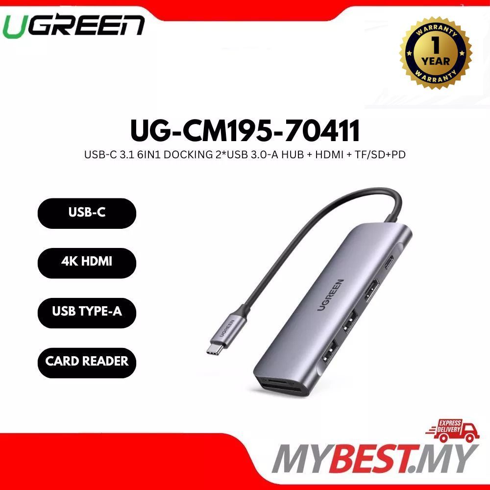 UGREEN USB-C 3.1 6IN1 DOCKING 2*USB 3.0-A HUB + HDMI + TF/SD+PD (SPACE GREY) - UG-CM195-7041