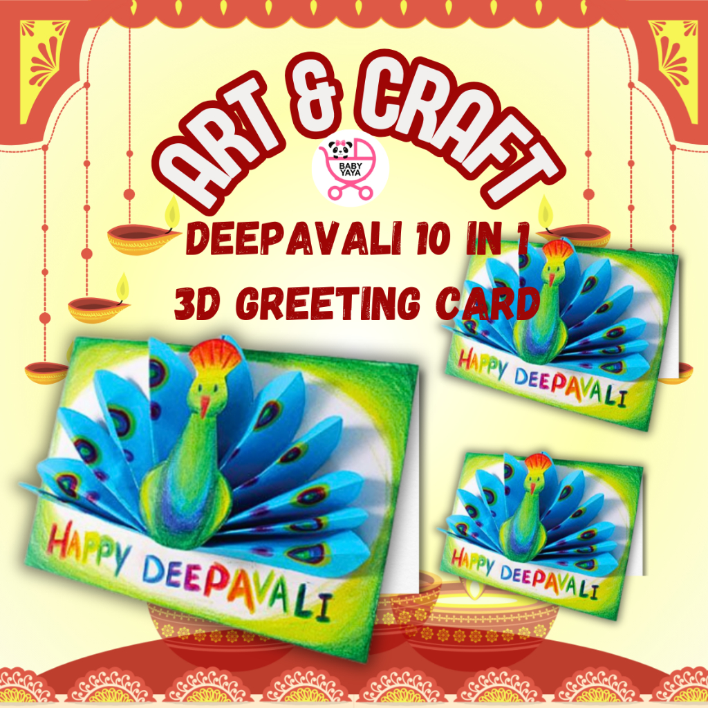 BABYYAYADIY Peacock Greeting Card Kit Deepavali Craft Set (10 ชิ้น) – Origami Tail, Coouring & Wiggl