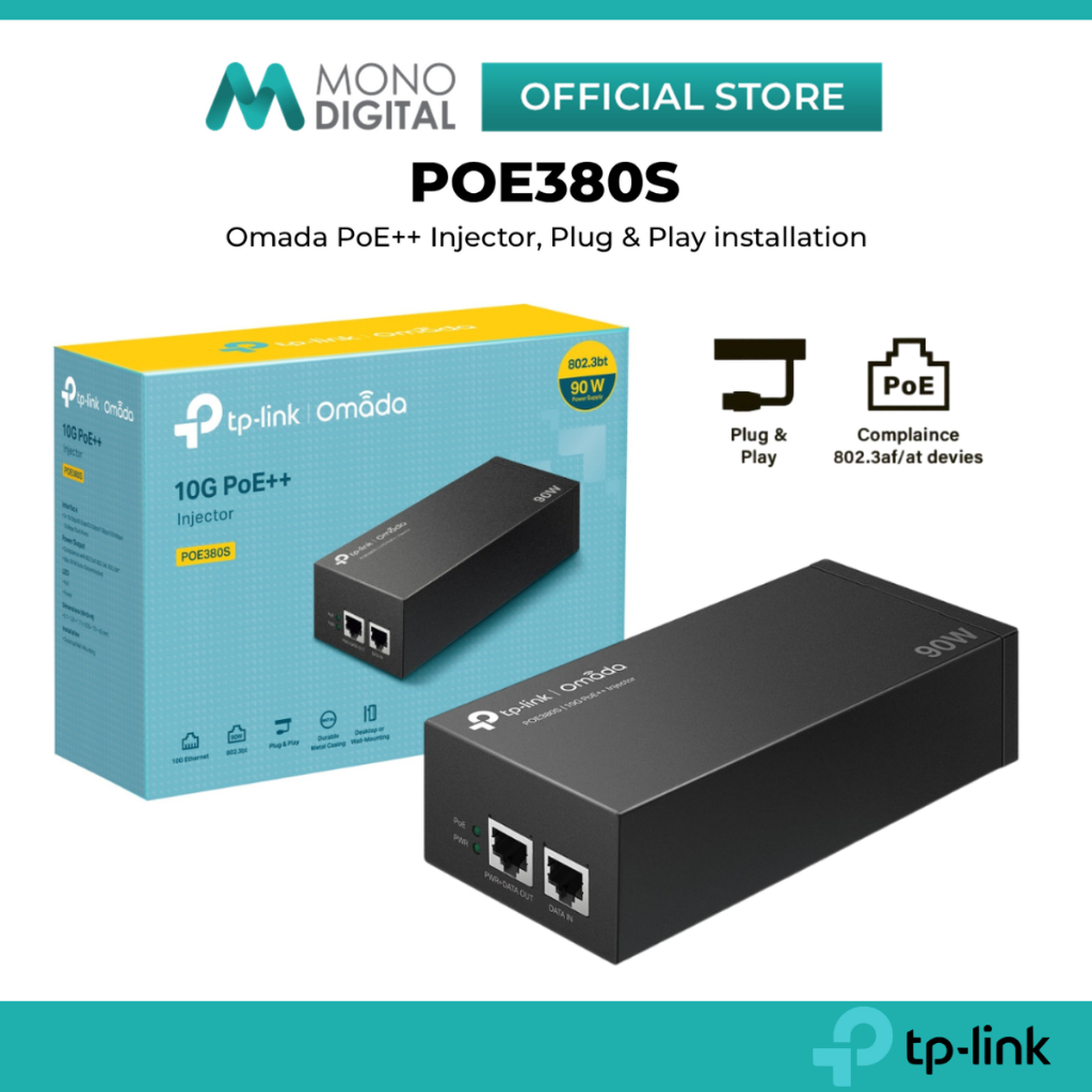 TP-LINK POE380S 90W 10G OMADA POE++ INJECTOR พร้อมปลั๊กและเล่น, DURABLE METAL CASING & DESKTOP OR กา