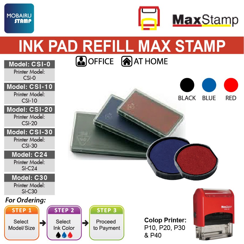 ไส้แผ่นหมึก MaxStamp สําหรับหมึกด้วยตนเอง - CSI-0, 10, 20, 30, C24, C30 (สีดํา, น้ําเงิน & แดง)