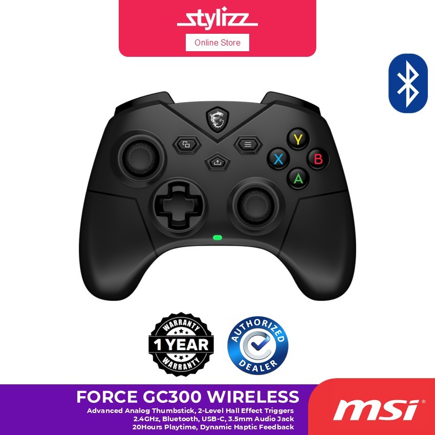 MSI FORCE GC300 คอนโทรลเลอร์เกมไร้สาย - 2.4GHz, BLUETOOTH, USB 2.0(USB-C), แจ็คเสียง 3.5 มม., 20HOUR