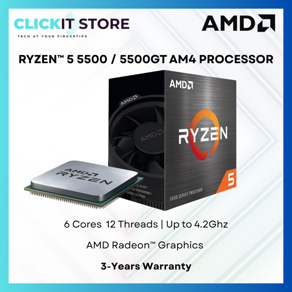โปรเซสเซอร์ CPU AMD RyzenTM 5 5500 / 5500GT AM4 4.2GHz - 4.4GHz | 6 Cores 12 เธรดพีมโรสซาน