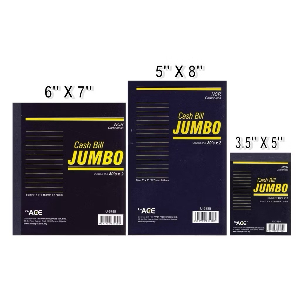 ACE Jumbo Numbering Cash Bill Book 80 แผ่น x 2 Ncr (3.5" x 5" U-3585 / 5" x 8" U-5885 / 6" x 7" U-67