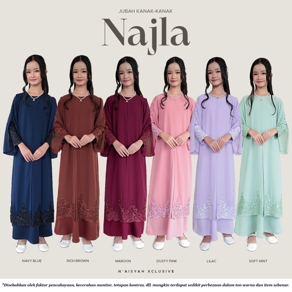 [JUBAH NAJLA KIDS] - NAISYAH XCLUSIVE BUDAK LACE EXCLUSIVE HANDMADE BUTTON STOK