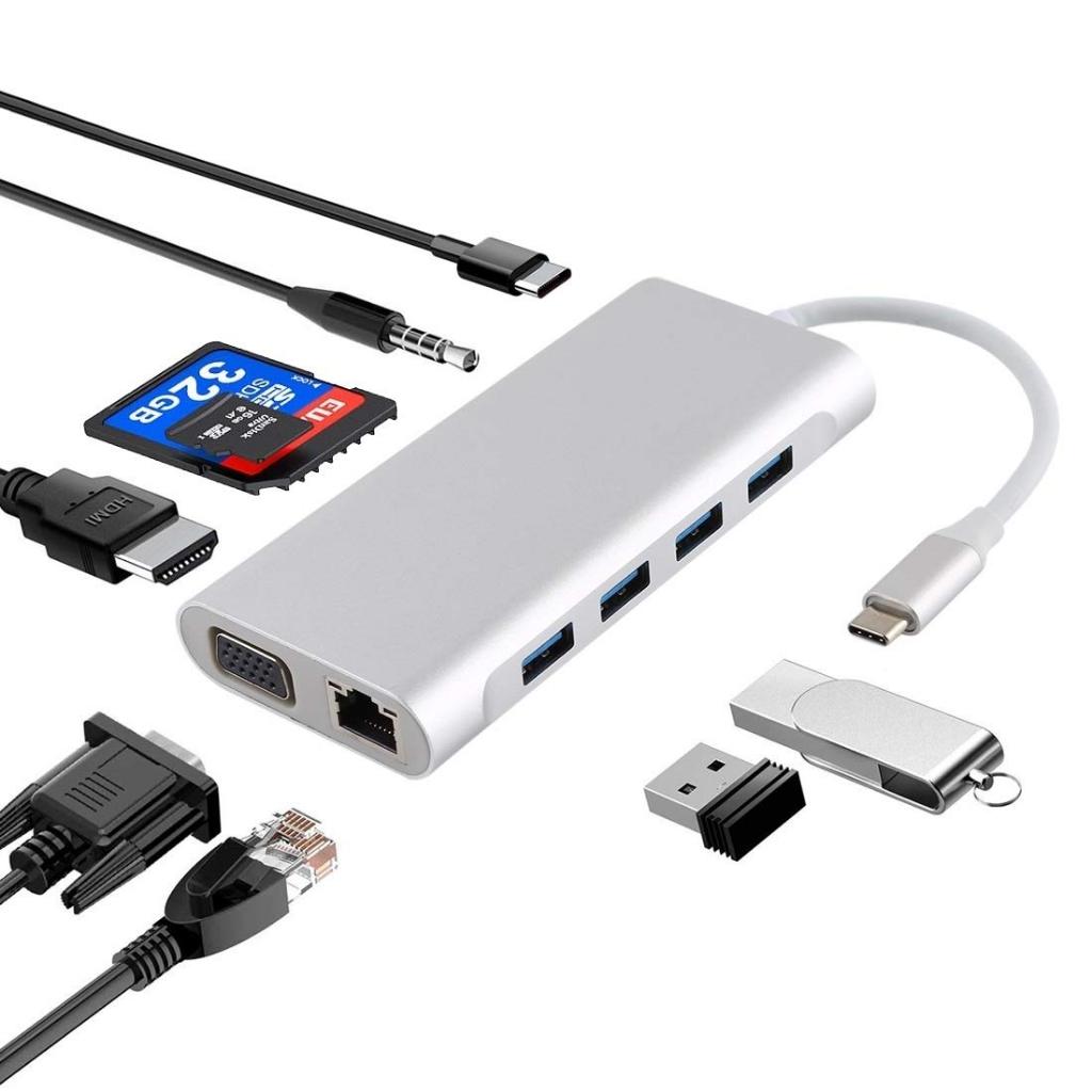 11 in 1 USB C HUB ประเภท C ถึง RJ45 4K 30Hz HDMI VGA อะแดปเตอร์ SD TF USB 3.0 2.0 Docking PD 87W USB