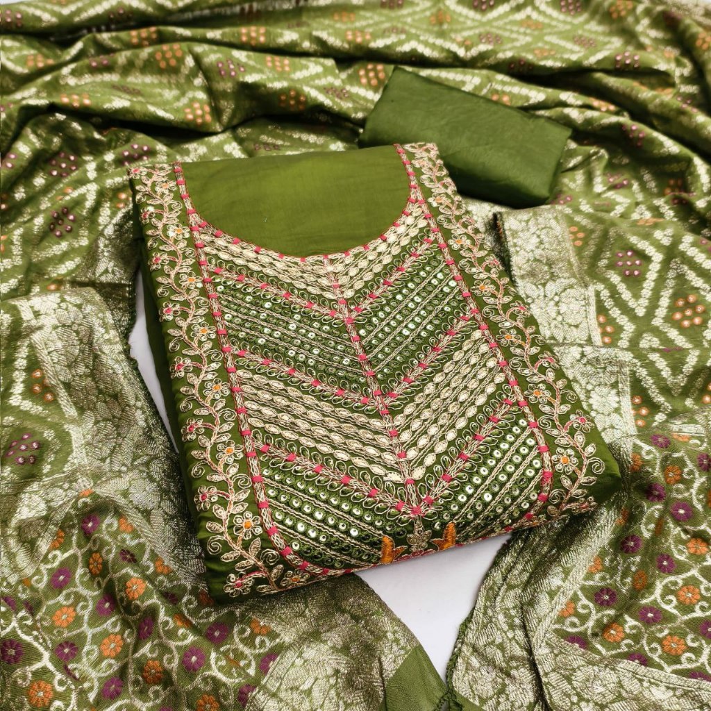 Unstitched Punjabi ชุดวัสดุผ้าไหมโรมันพร้อมงานปัก Kain Jahit Punjabi ชุด Salwar Kamez