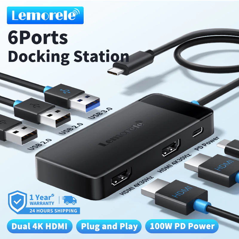 Lemorele TC122 ฮับสถานีเชื่อมต่อ USB-C 6-in-1 พร้อมวิดีโอ 4K Ultra HD, USB ความเร็วสูง, อีเธอร์เน็ต,