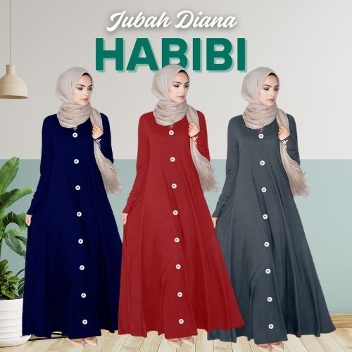 Jubah Diana Muslimah เดรสธรรมดากว้างด้านล่างตัด Habibi Botton Design – Diana Habibi