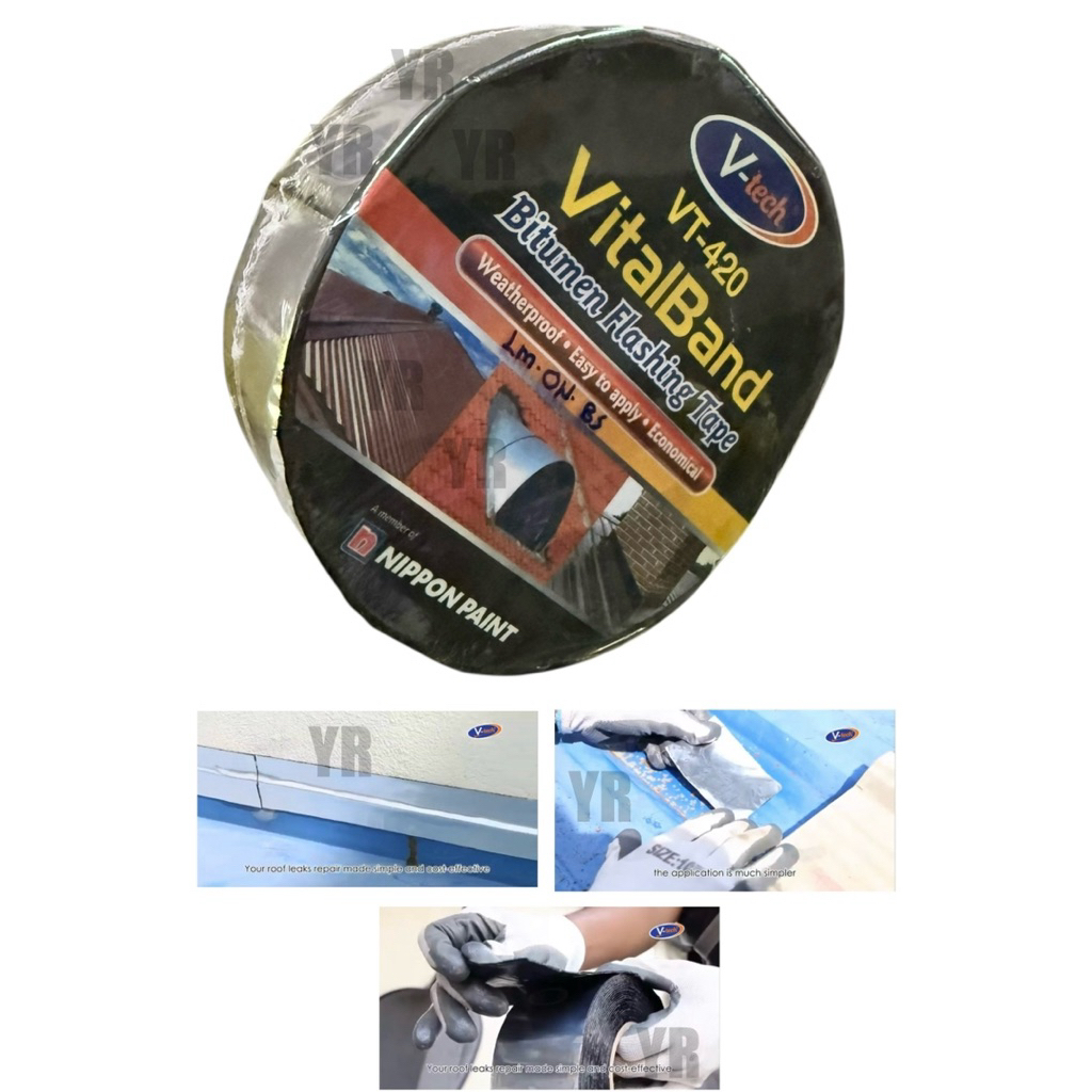 V-TECH Vital Band 2x10meter & 3x10 เมตร Bitumen กระพริบกาวเทปกาว 50 มม.และ 75 มม./Gam Atap Penampal 