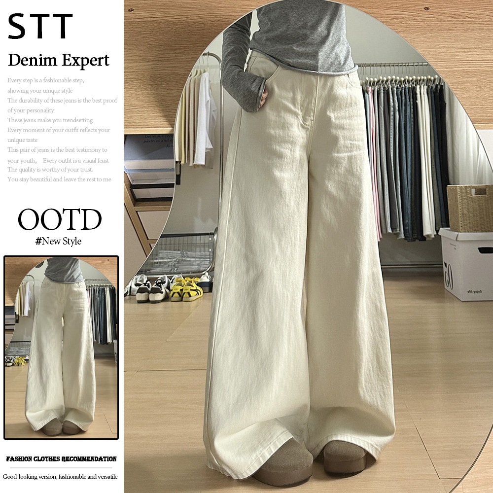 STT ใหม่แอปริคอทสีอเนกประสงค์กางเกงยีนส์ทรงหลวมสําหรับผู้หญิงขากว้างขาตรงกางเกงลําลอง Seluar กางเกงย