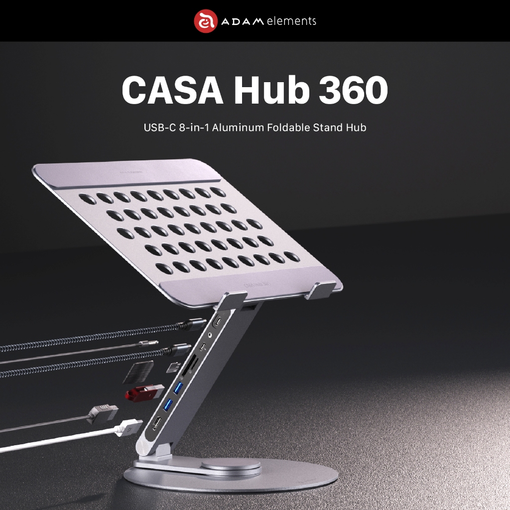 Adam Element CASA HUB 360 USB-C 8-in-1 อลูมิเนียมพับได้แล็ปท็อป Riser Stand USB HDMI MICRO SD Hub - 