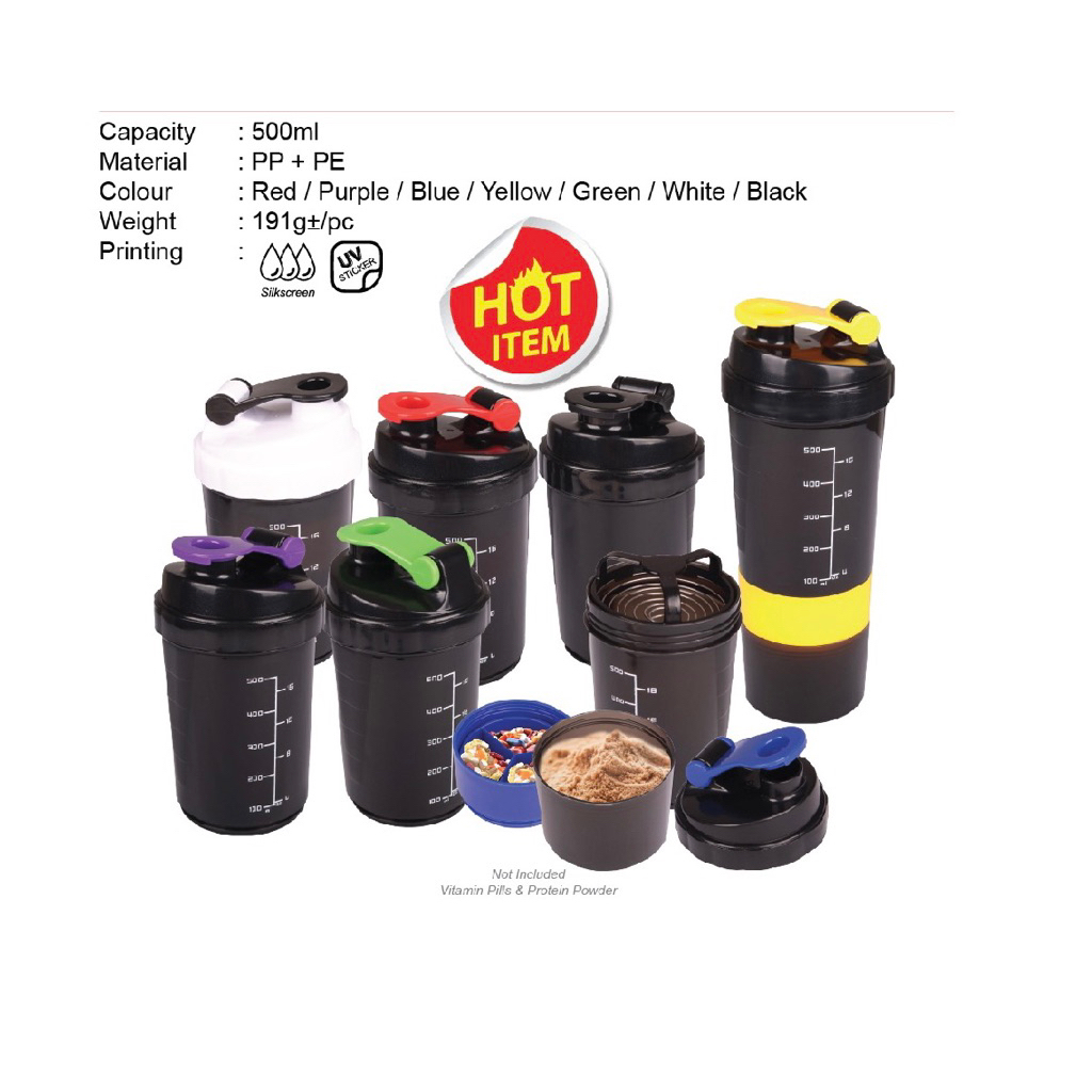 Shaker Bottle 500ml Botol Shaker Gym Fitness Shaker Bottle ฟิตเนส