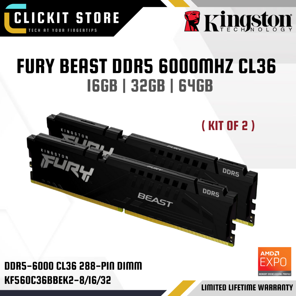 KINGSTON FURY Beast DDR5 6000MHz CL36 DIMM (ชุด 2 ชิ้น) AMD EXPO - 16GB/32GB/64GB | KF560C36BBEK2
