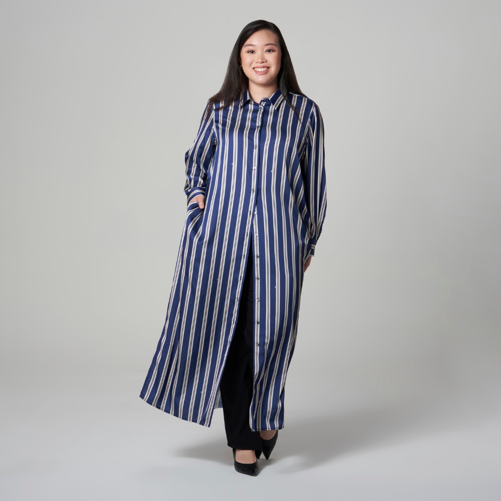 นางสาว READ Stripe A-Line Shirt Dress Size UK12-24 Navy MK53224-DB