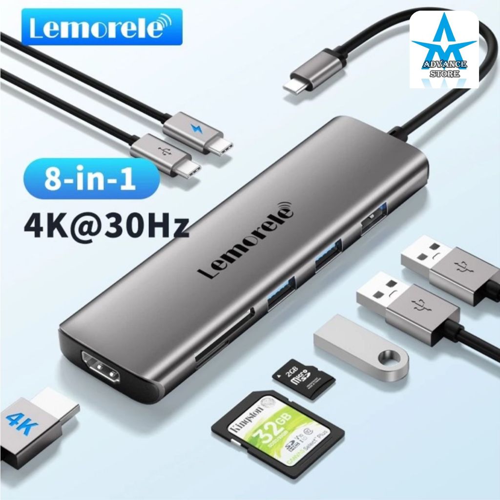 Lemorele TC38 อะแดปเตอร์ USB C Hub 8-in-1 เปลือกอลูมิเนียมบางเฉียบ 4K HDMI 3*USB A PD 100W SD/TF