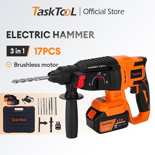 TASKTOOL 3-in-1 Cordless Electric Hammer Drill Brushless Lithium Battery Powered Plug 1500RPM 6-14mm Drill Bits