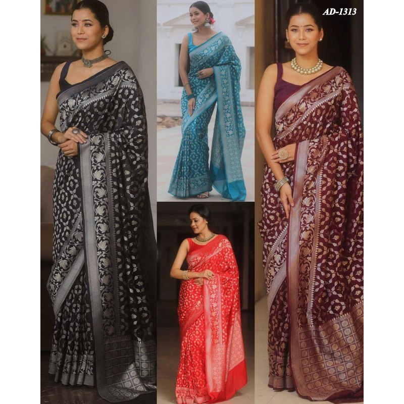 AD-1313~Partywear Soft Lichi Silk Sarees พร้อมงาน Jacquard