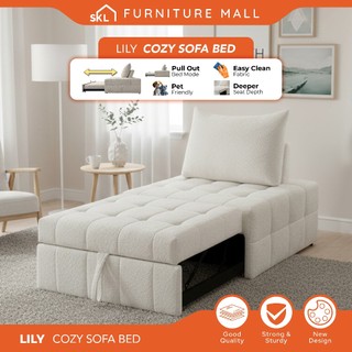 SKL Furniture LILY Pouf Pullout Sofa / Pull Out Bed / Boucle Fabric / Single Size Pullout Sofa